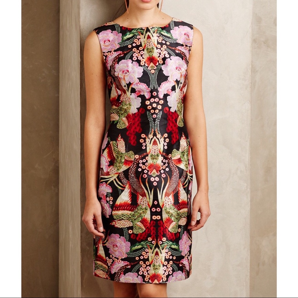 Anthropologie Floral Print Dress - Black, Pink, Red, Green